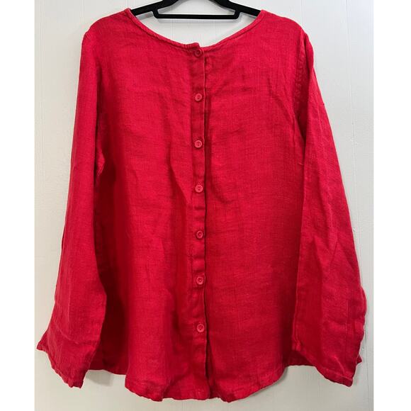 Flax Size Small Red Button Back Round Neck Linen Blouse - Picture 5 of 8